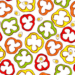 Pretty seamless pattern made of sliced bell peppers and eggs. Colorful and tasty.