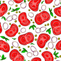 Pretty seamless pattern made of sliced tomatoes, basil, olives and onions. Colorful and tasty.