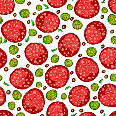 Pretty seamless pattern made of sliced salami, basil, olives and jalapeno. Colorful and tasty.