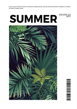 Dark summer vector tropical postcard design with green jungle palm leaves. Space for text.