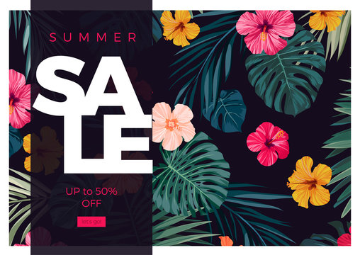 Tropical vector sale design with bright hibiscus flowers and exotic palm leaves on dark background.