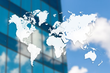 World map on blurred building background. Real estate or construction poster, banner or flyer design