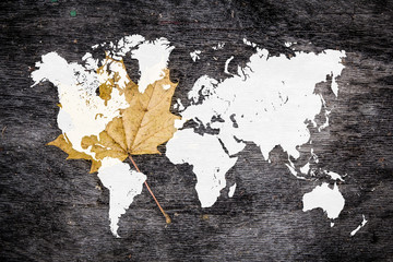World map with leaf in background. Save the planet concept poster or flyer design