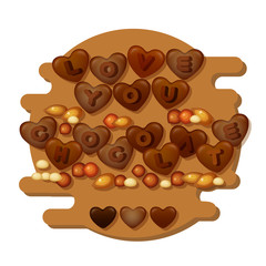 Love You Chocolate card with hearts, letters and nuts . Vector.