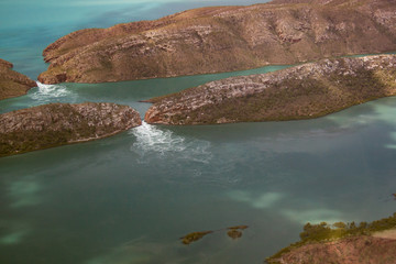 Aerial View of the famous twin gaps at the "Horizontal Waterfalls," Talbot Bay, Kimberley Australia.