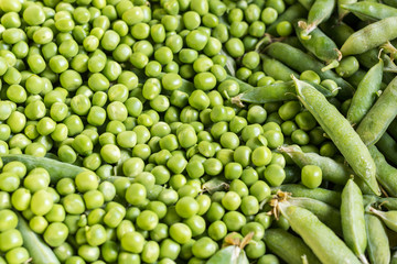 Fototapeta na wymiar Pile of fresh green peas closeup macro view above