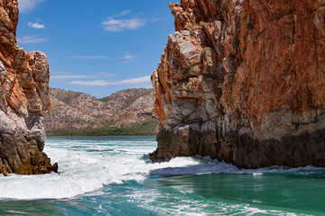 10 metre tides twice daily surge through the 10 metre wide second gap in a maelstrom of whirlpools and turbulence at the Horizontal Falls, an unique wonder in the Kimberley