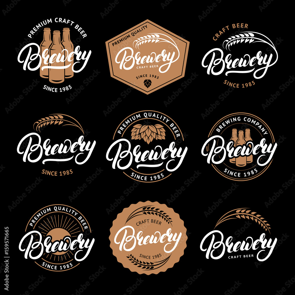 Wall mural Set of Brewery hand written lettering logo, label, badge, emblem for beer house, bar, brewing company.