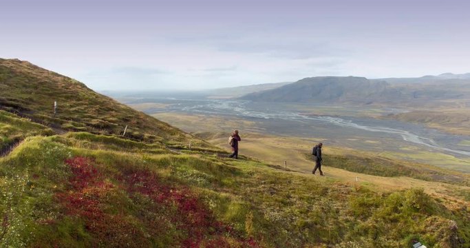 ICELAND – SEPTEMBER 2016 : Video shot of couple hiking in amazing landscape on a beautiful day in Thorsmörk National Par