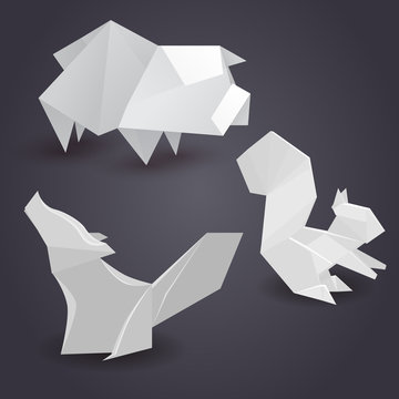 Set of paper origami figures of animals. Vector element for your creativity