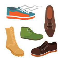 Male man season shoes in flat style. Men boots isolated set vector illustration