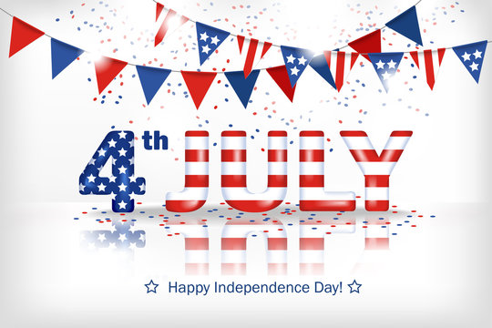Greeting banner Independence Day of America. Horizontal white background with a dimensional inscription 4 July painted in the colors of the national flag and falling confetti. Stock vector