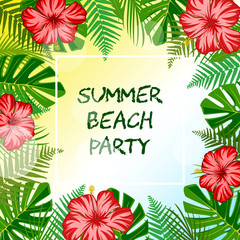 Fototapeta na wymiar Summer tropical background with palm leaves, hibiscus flower.