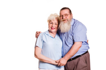 old man with a beard hugging Old woman on a white background