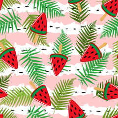 Seamless pattern with fern and icecream watermelon.