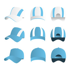 Strip baseball cap baby blue color with colored mesh and adjustable rubber strap isolated vector set