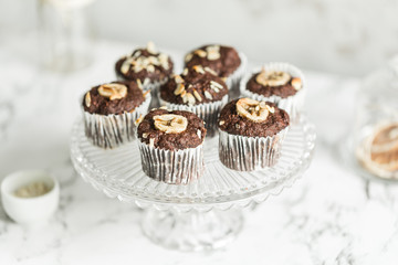 Chocolate muffins with banana and tea