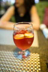 Red strawberry drink on the table in the restaurant