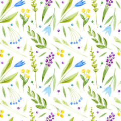 Floral seamless pattern of a wild flowers and herbs on a white background.Bluebell,berry,grass,snowdrop flowers. Watercolor hand drawn illustration.
