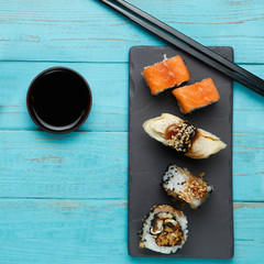 Rolls served at blue table