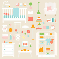 Vector set of furniture of nursery. Objects of baby room