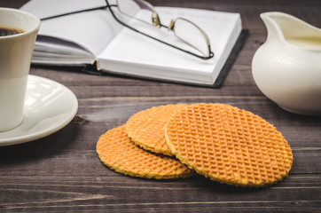 breakfast background with waffles and coffee/Waffles, coffee and creamer