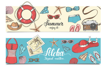 Vector vintage set of summer banners. Hand drawn vector elements. Can be used as poster, flyer, brochure, web design.