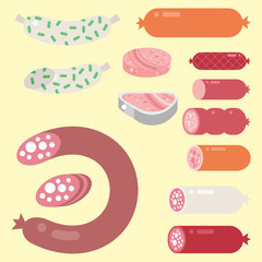 Meat products ingredient and rustic elements preparation equipment food flat vector illustration.