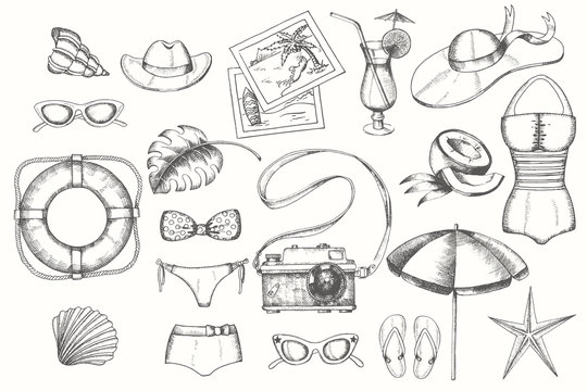 Vintage summer set of doodle hand drawn objects isolated on white. Sketch. Vintage summer symbols. Vacations, tourism.