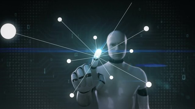 Robot, cyborg touching screen, Dots connecting line, dots makes global world map, internet of things.1.
