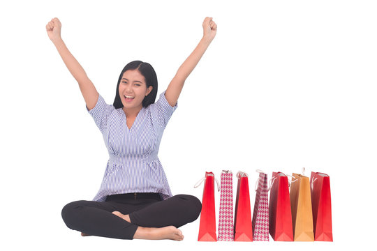Protrait beautiful women shopping with white background, shopping protrait concept, 20s year old.