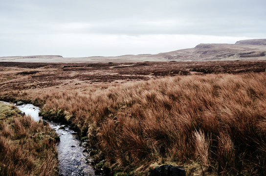 scottish meadow, isle of skye, scotland, road, stream,