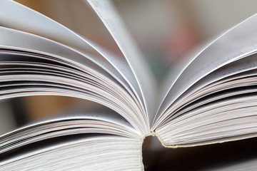 Close up opened book page with blurry background
