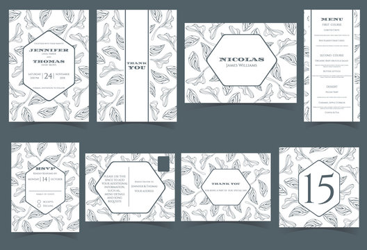 Set of Wedding Invitation Card. Blue Floral on white Background.Vector/Illustration