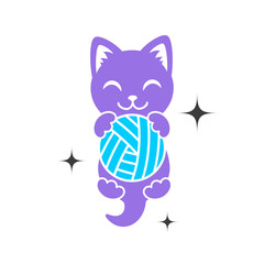 A purple shape of kitten with ball in paws. Cat logo. Simple animal logotype for shop and handmade company