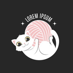 Logo with cat in circle composition. Little kitten lies on the back and hold in own paws yarn ball. Logotype for handmade company