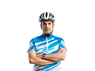 Mature man in sports t-shirt and helmet. Studio shot, isolated.
