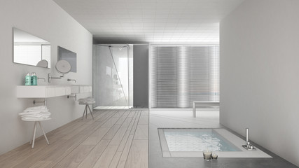 Fototapeta na wymiar Unfinished project of minimalist white and gray bathroom with bath tub and panoramic window, sketch abstract interior design