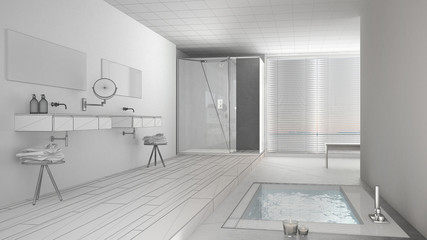 Unfinished project of minimalist white and gray bathroom with bath tub and panoramic window, sketch abstract interior design