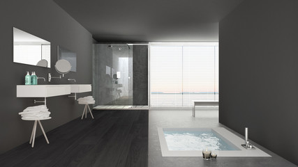 Minimalist white and gray bathroom with bath tub and panoramic window, classic interior design