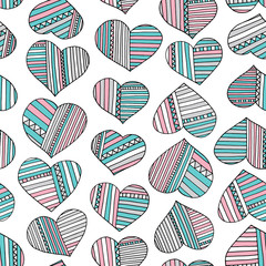 Hearts and stripes hand drawn abstract pattern. Vector colorful love seamless background.