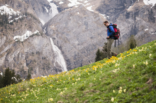 Man hiking near Engstligen falls, Adelboden, Bernese Oberland, Switzerland