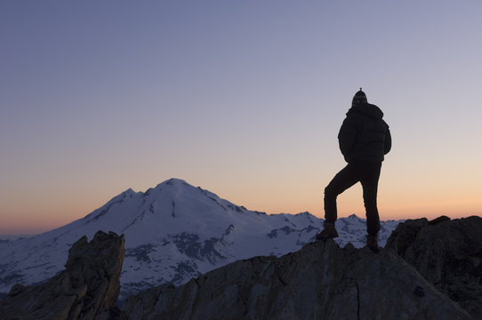Male climber on top of the Sulfide Glacier on Mount Shuksan, North Cascades National Park, Washington, USA