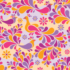 Birds and Flowers Pattern in Warm Colors