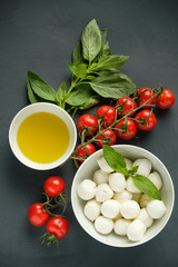 Mozzarella cheese, basil and tomatoes cherry on a gray background.