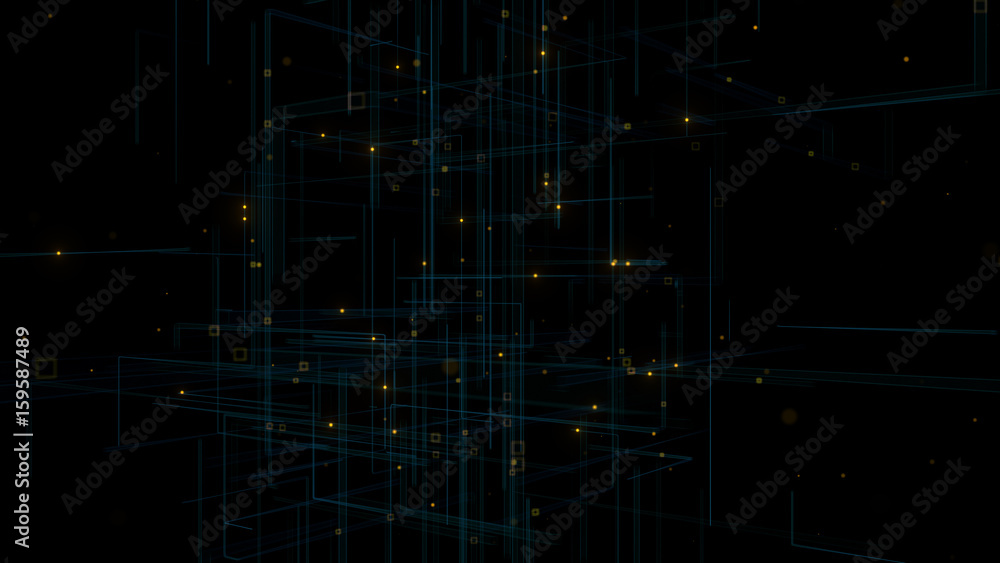 Poster 3d render of particles with glow and trail lines. abstract background with depth of field and blurre