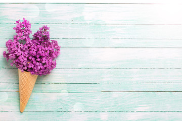 Fresh lilac flowers in waffle cone on  turquoise wooden  background.