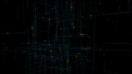 3d render of particles with glow and trail lines. Abstract background with depth of field and blurred shapes. Thin lines and defocus zones.