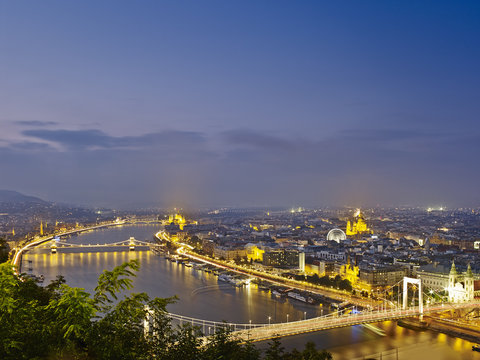 Skyline of Budapest from Gellert Hill by night, Hungary