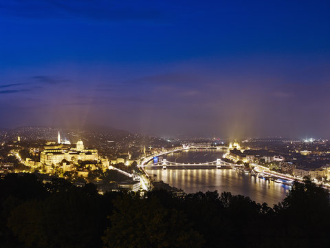 Skyline of Budapest from Gellert Hill by night, Hungary